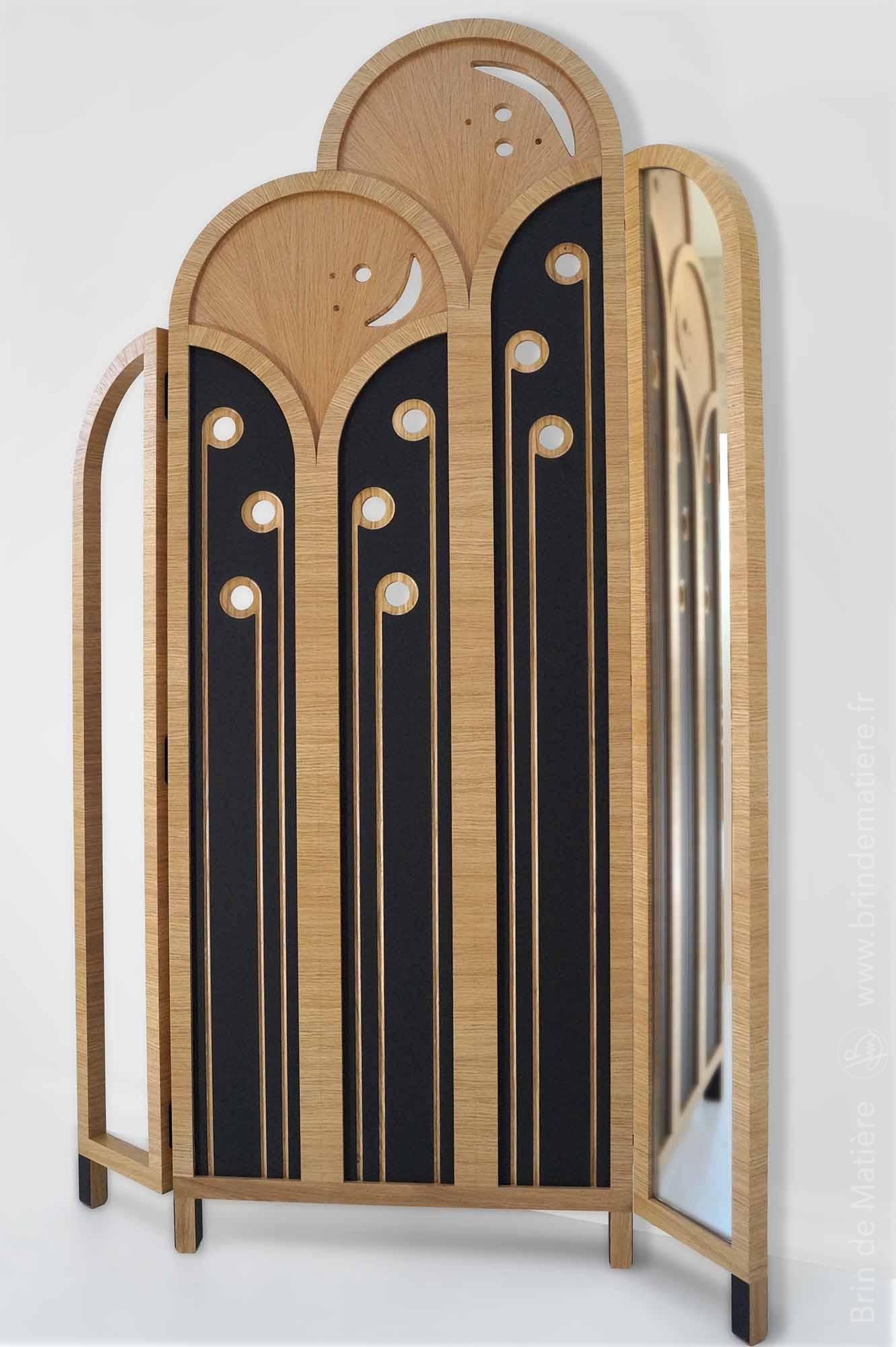 Paravent Art Déco XXème – Bois Et Verre, Vitré, Style Vintage